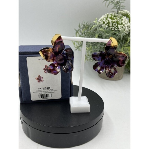 Kate Spade Large Purple Brown Floral PETAL PUSHER Gold Plated Statement Earring - Picture 4 of 15